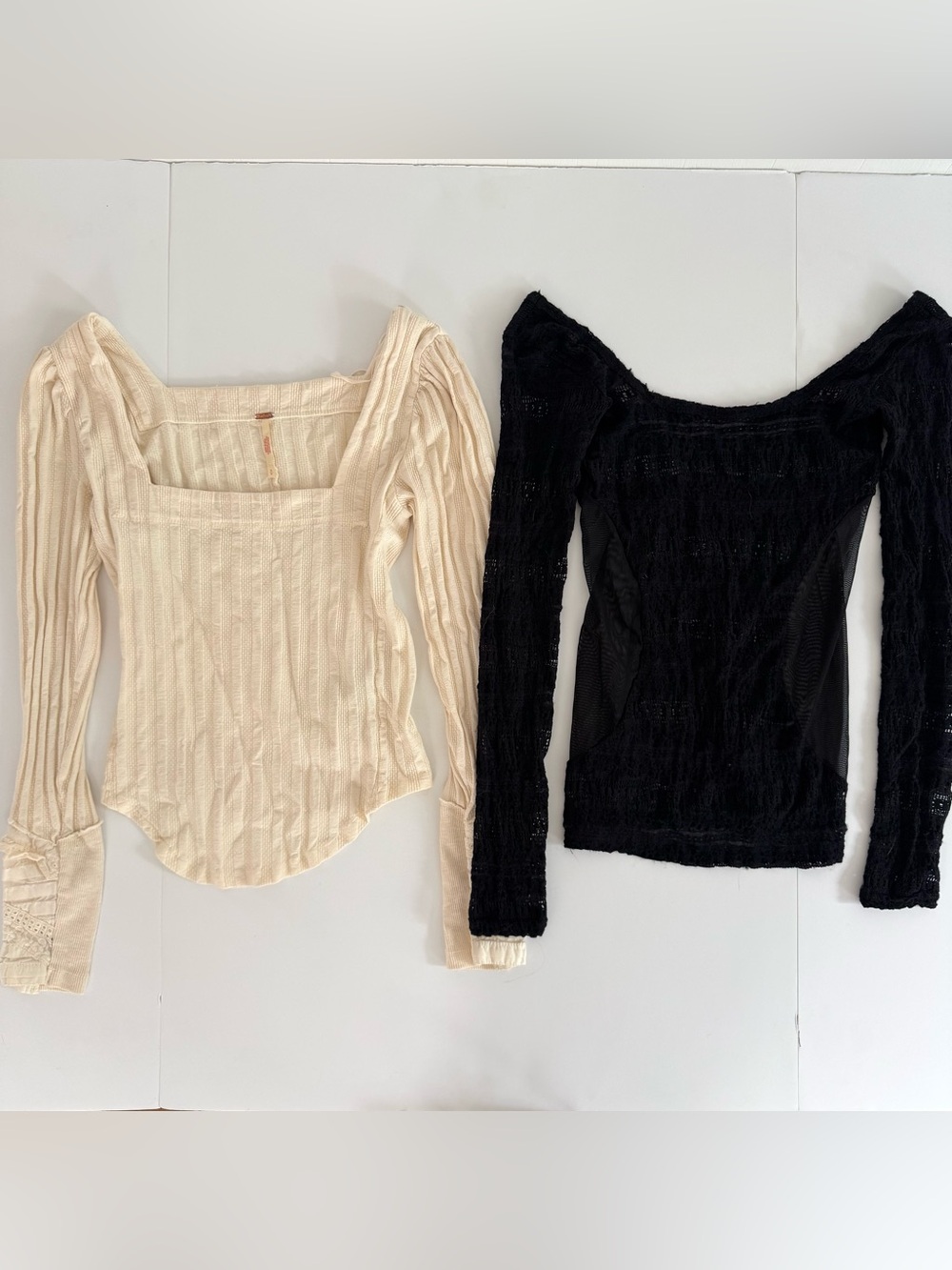 Cream and Black Ribbed Square-Neck Tops - Long Sleeve Duo